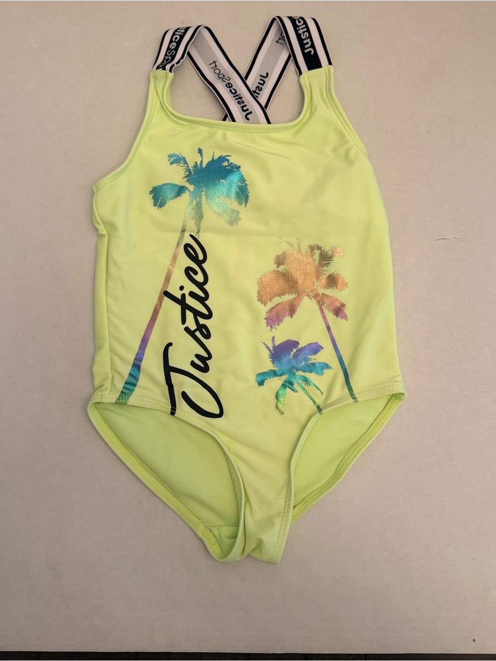 Justice Neon Yellow One-Piece Swimsuit with Multicolor Palm Print